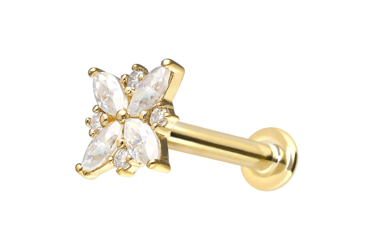14 Karat Gold Labret Piercing mit Innengewinde MOISSANIT-BLUME